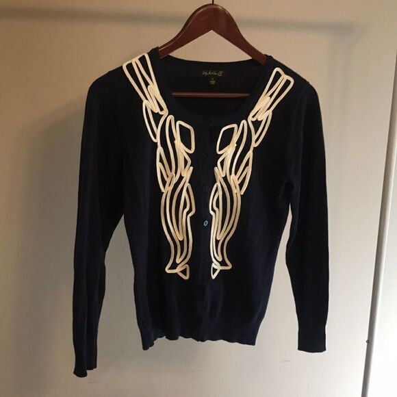 Top Knits Navy w White Ribbon Trim Cardigan - SM - Picture 2 of 7